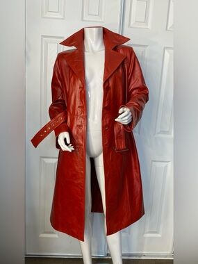 💯Leather Carlisle Red Leather Belted Trench Coat
